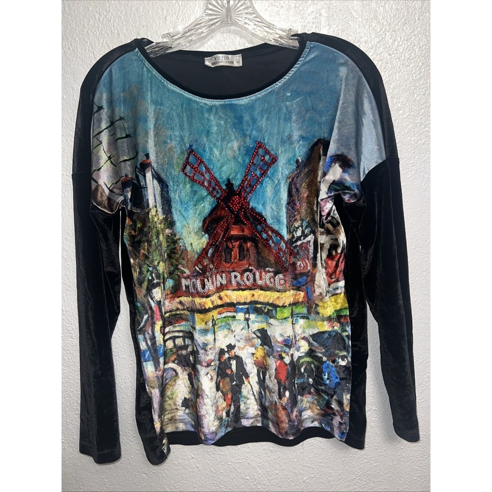 Kazee Women's Gold Label Long Sleeve Moulin Rouge Velvet Top Sequins Sz M Black